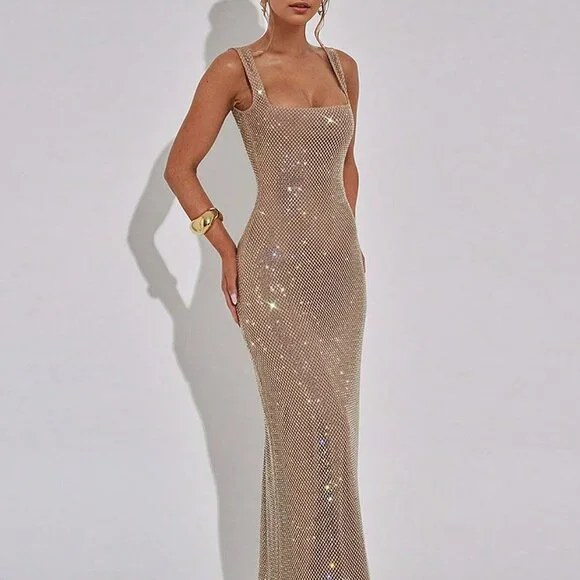 sachin and babi light blue dress Gold Elegant Women's Sexy Straps Sequins Halter Party Dress